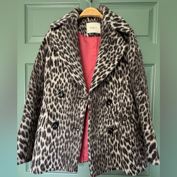 ❤️ THEO WOOL MOHAIR LEOPARD PRINT PEA COAT JACKET BLAZER VINTAGE STYLE STATEMENT - Picture 1 of 10